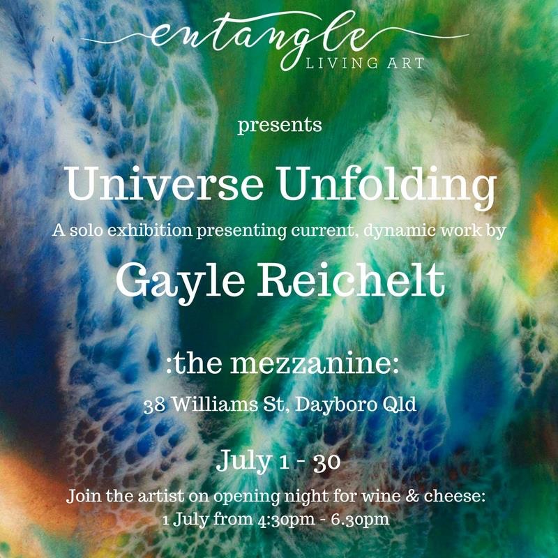 Advertisement for solo exhibition by Gayle Reichelt titled Universe Unfolding
