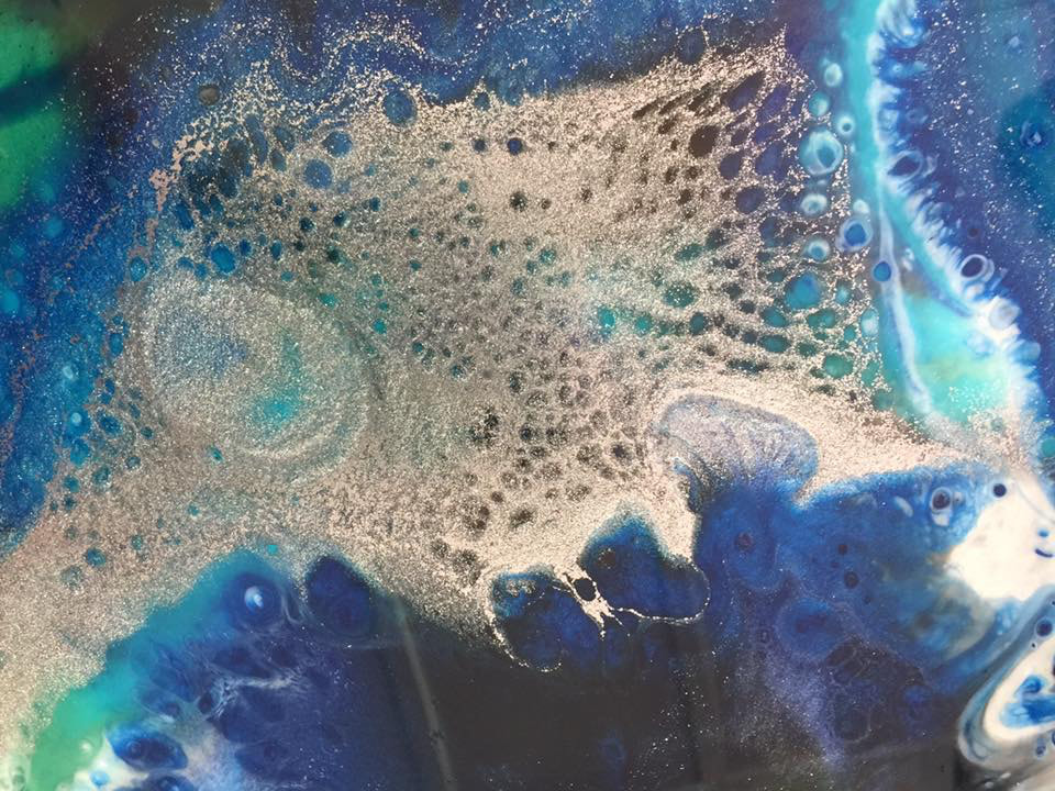 Detail of a Resin Demonstration created during my exhibition Universe Unfolding, in Entangle - living art,  located at Dayboro, Queensland on July 8 2017.  Using Barnes EpoxyGlass and artist quality colour pigments & pastes.  See the Galleries tab in my website for more information.  www.gaylereicheltart..com